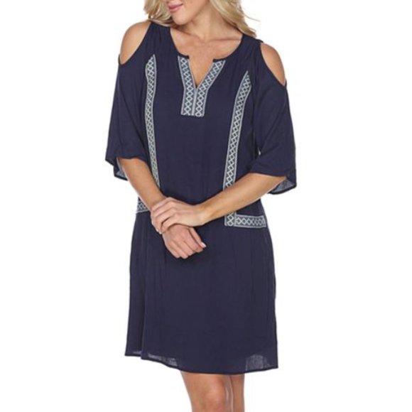 White Mark Dresses & Skirts - White Mark cold shoulder crepe navy dress L NWT